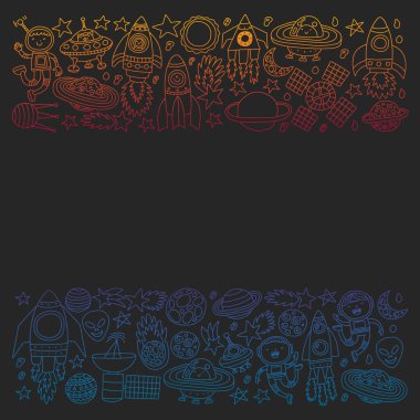 Uzayda küçük çocuklar ile vektör deseni. Dünya, ay, uzay gemileri, yıldızlar, kuyruklu yıldızlar, roketler, uzay mekiği, uzaylılar, ufo.