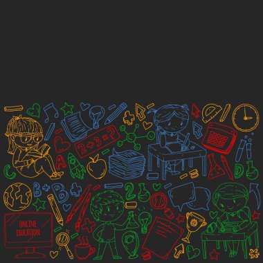 Okula geri dön. Kitap, eğitim unsuru ve küçük öğrencilerle desen. Çocuklar, matematik öğrenen çocuklar, coğrafya, geometri, fizik, kimya