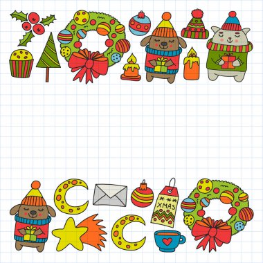 Hediyeler, Sevimli karikatür hayvanlar ile kağıt sarma için kış Noel vektör deseni. Yeni yıl kutlama.