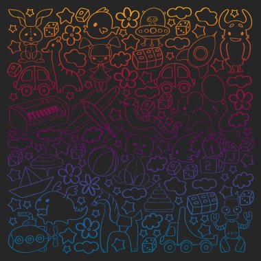 Çocuk oyuncakları ile vektör deseni. Küçük çocuklar için Doodle tarzında anaokulu elemanları. Eğitim, oyun, büyümek