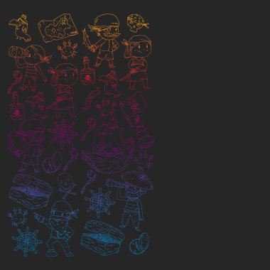 Gemiler, adalar ve fantezi yaratıklarla korsan şablonu. Ambalaj kağıdı, duvar kağıdı, poster, afiş deseni.