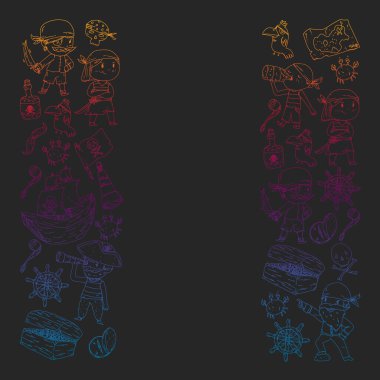 Gemiler, adalar ve fantezi yaratıklarla korsan şablonu. Ambalaj kağıdı, duvar kağıdı, poster, afiş deseni.