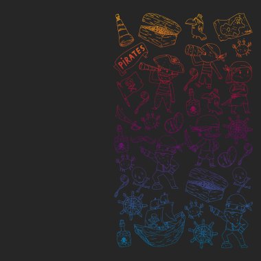 Gemiler, adalar ve fantezi yaratıklarla korsan şablonu. Ambalaj kağıdı, duvar kağıdı, poster, afiş deseni.