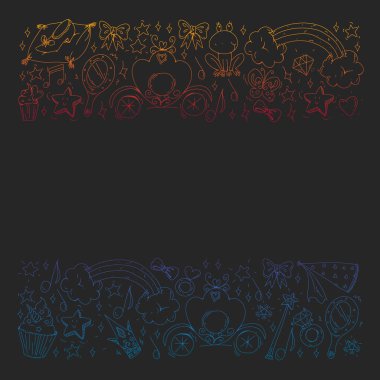 Küçük kızlar için vektör deseni. Mutlu doğum günü partisi için Prenses illüstrasyon. Kara tahta tebeşir illüstrasyon