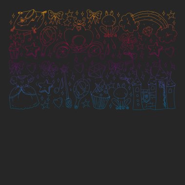 Küçük kızlar için vektör deseni. Mutlu doğum günü partisi için Prenses illüstrasyon. Kara tahta tebeşir illüstrasyon