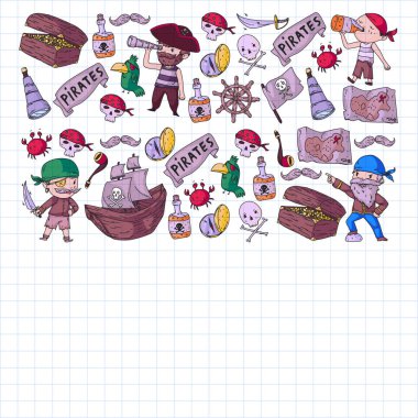 Gemiler, adalar ve fantezi yaratıklar ile Vektör korsan desen. Küçük çocuklar için korsan maceraları. Kağıt, duvar kağıdı, afiş, afiş sarma için desen.