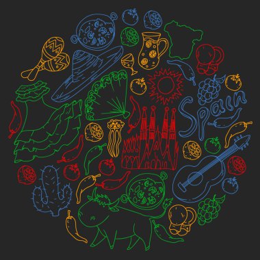 İspanya vektör deseni. İspanyolca geleneksel semboller ve nesneler.