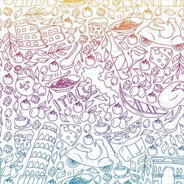 İtalya vektör elemanları ve simgeler. İtalyan kültürü, şehirler Roma, Venedik, Milano, peynir, şarap ile Doodle deseni.