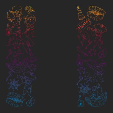 Gemiler, adalar ve fantezi yaratıklarla korsan şablonu. Ambalaj kağıdı, duvar kağıdı, poster, afiş deseni.