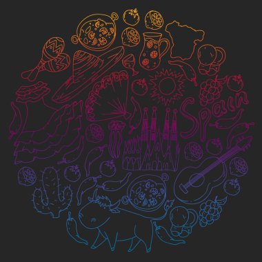 İspanya vektör deseni. İspanyolca geleneksel semboller ve nesneler.