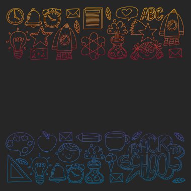 Posterler, afişler, kapaklar için okul simgelerine geri dönen vektör deseni. Çocuklar, çocuk eğitimi.