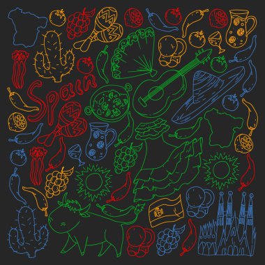 İspanya vektör deseni. İspanyolca geleneksel semboller ve nesneler.