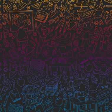 Okula dönüyoruz. Küçük çocuklar için vektör simgeleri ve elemanları, kolej. Doodle tarzı, çocuklar çizim
