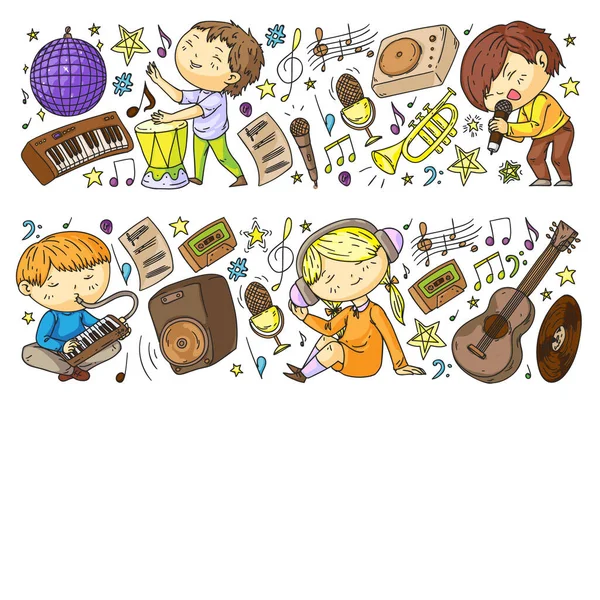 Los niños tocan música. Educación musical, teatro, escuela . — Vector de stock