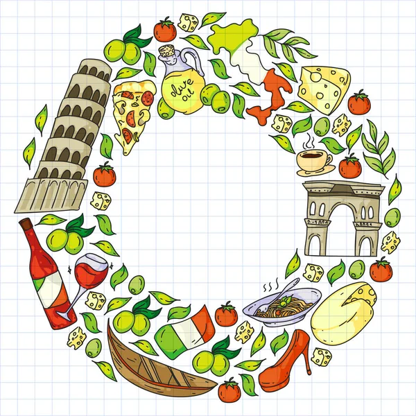 Italia elementi vettoriali e icone. Schema Doodle con cultura italiana, città Roma, Venezia, Milano, formaggio, vino . — Vettoriale Stock