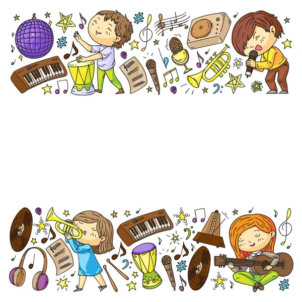 Les enfants jouent de la musique. Éducation musicale, théâtre, école . — Image vectorielle