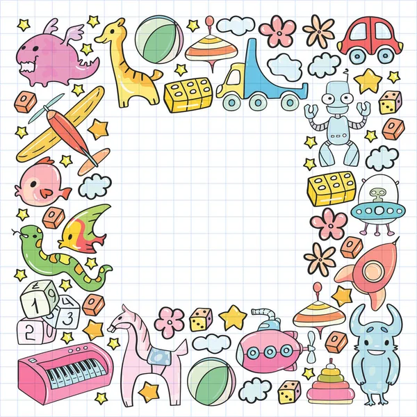 Vector pattern with children toys. Kindergarten elements in doodle style for little kids. Education, play, grow — Stock Vector