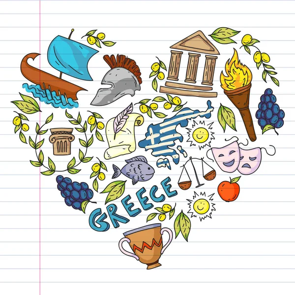 Voyage en Grèce éléments. Grèce symboles pour magazines, web, tourisme — Image vectorielle