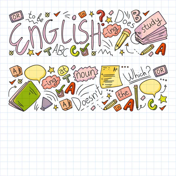 Cursos de inglês. Doodle vector concept ilustração da aprendizagem da língua inglesa . —  Vetores de Stock