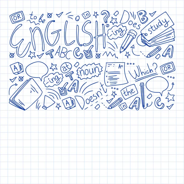 Cursos de inglês. Doodle vector concept ilustração da aprendizagem da língua inglesa . — Vetor de Stock