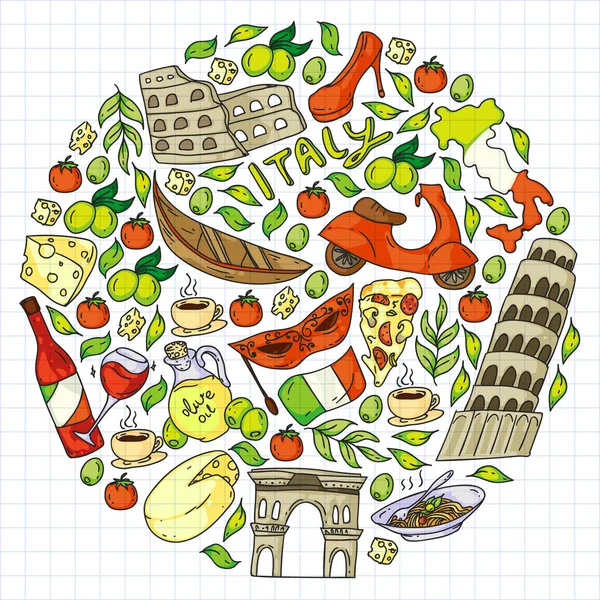 Italia elementos vectoriales e iconos. Patrón de Doodle con cultura italiana, ciudades Roma, Venecia, Milán, queso, vino . — Vector de stock