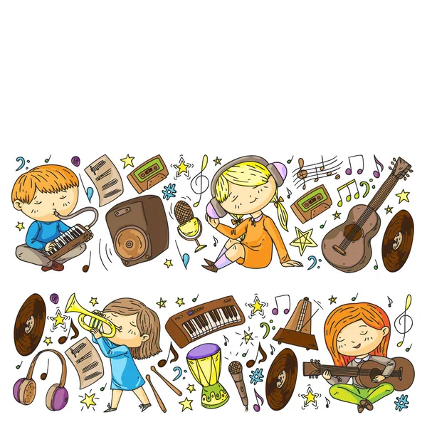 Les enfants jouent de la musique. Éducation musicale, théâtre, école . — Image vectorielle