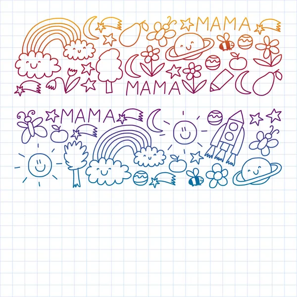 Vektorový vzorec pro mateřské nápisy, plakáty s měsícem, planetou, kosmickou lodí, raketu, slunce, ovoce, dům, květiny. Tvořivost a představivost. — Stockový vektor