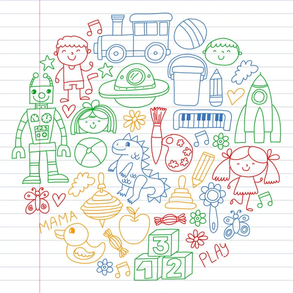 Kleuterschoolkinderen. Kinderen tekenen stijl vector patroon. Spelen groeien leren samen. — Stockvector