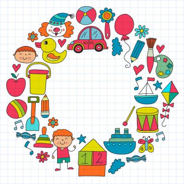 Anaokulu anaokulu çocukları. Çocuklar stil vektör modeli çiziyor. Birlikte büyümeyi öğrenin..