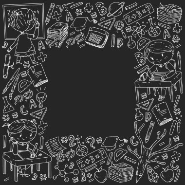 Okula dönüyoruz. Küçük çocuklar için vektör simgeleri ve elemanları, kolej. Doodle tarzı, çocuklar çizim