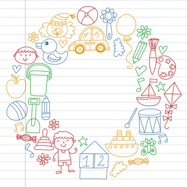 Niños de preescolar de jardín de infantes. Niños dibujo patrón de vectores de estilo. Jugar crecer aprender juntos. — Vector de stock