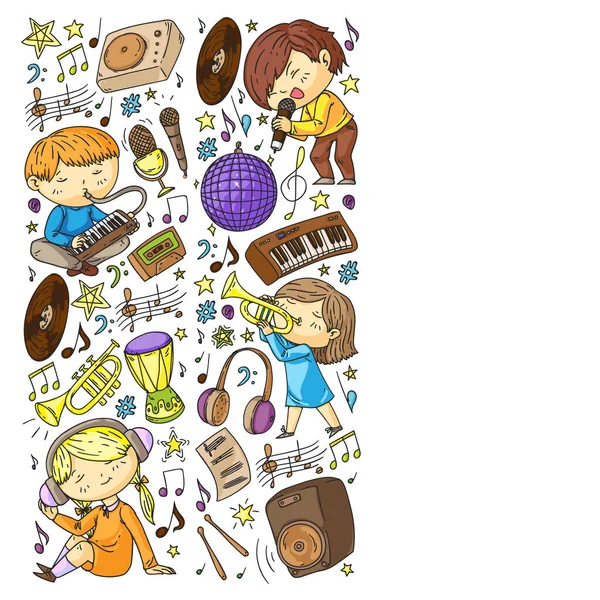 Les enfants jouent de la musique. Éducation musicale, théâtre, école . — Image vectorielle