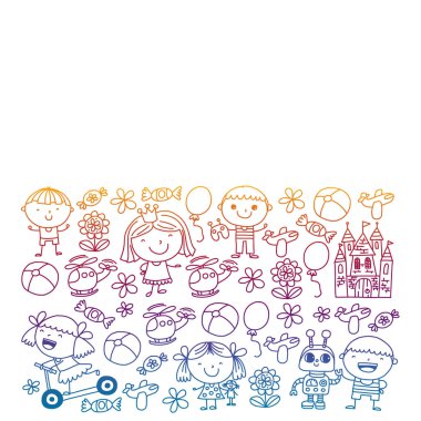 Sevimli küçük çocuklar oynar. Anaokulu, eğitim, spor. Desenler, afişler, posterler için çocuk ve oyuncaklar Simgeleri.