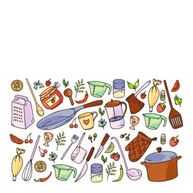 Gıda ve mutfak utencil ile Desen. Yemek sınıfı, restoran için menü, mağazalar için afişler