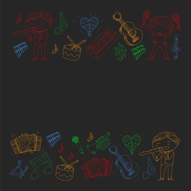 Kalıplar için müzik. Müzik aletleri ile vektör illüstrasyonu. Karaoke, müzikal, parti