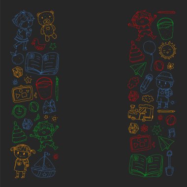 Anaokulu oyuncakları ile. Çocuklar için şablon. Küçük okul öncesi çocuklar eğitim. Oyun çizim, öğrenme,