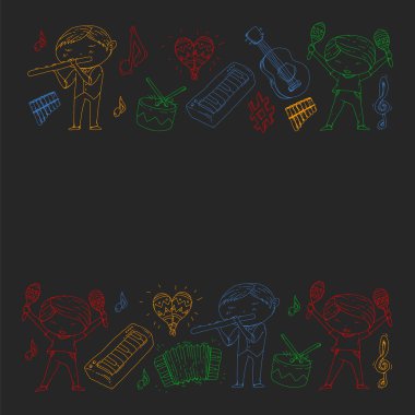 Kalıplar için müzik. Müzik aletleri ile vektör illüstrasyonu. Karaoke, müzikal, parti