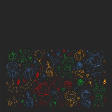 Mutlu oğlanlar ve kızlar. Küçük anaokulu anaokulu çocukları. Doğum günü partisi kutlaması. Afiş, afiş, davetiye için simgeler.