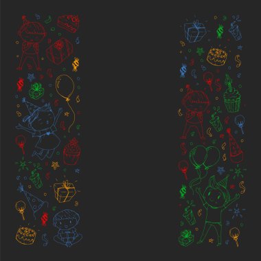 Mutlu oğlanlar ve kızlar. Küçük anaokulu anaokulu çocukları. Doğum günü partisi kutlaması. Afiş, afiş, davetiye için simgeler.