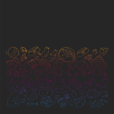 Evde beslenen hayvan dükkan. Vektör çizim hayvanlar, köpek, kedi, balık, kedi, kuş, köpek ile renkli arka plan ile. Veteriner Kliniği.