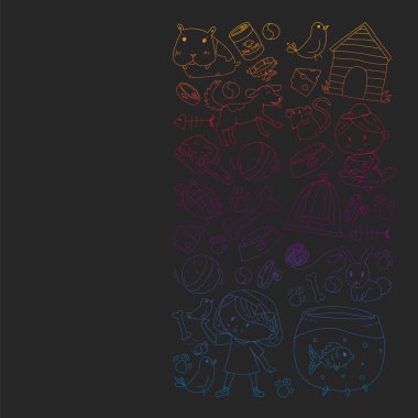 Evde beslenen hayvan dükkan. Vektör çizim hayvanlar, köpek, kedi, balık, kedi, kuş, köpek ile renkli arka plan ile. Veteriner Kliniği.