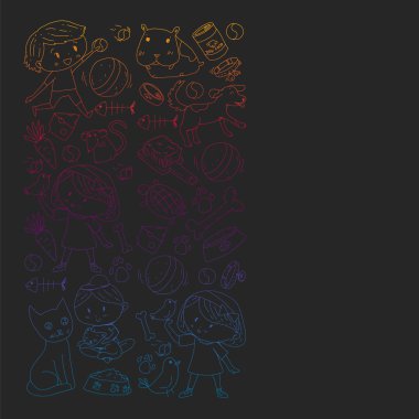 Evde beslenen hayvan dükkan. Vektör çizim hayvanlar, köpek, kedi, balık, kedi, kuş, köpek ile renkli arka plan ile. Veteriner Kliniği.