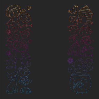 Evde beslenen hayvan dükkan. Vektör çizim hayvanlar, köpek, kedi, balık, kedi, kuş, köpek ile renkli arka plan ile. Veteriner Kliniği.