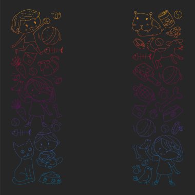 Evde beslenen hayvan dükkan. Vektör çizim hayvanlar, köpek, kedi, balık, kedi, kuş, köpek ile renkli arka plan ile. Veteriner Kliniği.