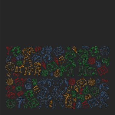 Seyahat ve plaj simgeleri ile Vektör desen. Küçük çocuklu ebeveynler. Çocuklar yaz tatili.