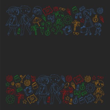 Seyahat ve plaj simgeleri ile Vektör desen. Küçük çocuklu ebeveynler. Çocuklar yaz tatili.