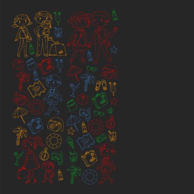 Seyahat ve plaj simgeleri ile Vektör desen. Küçük çocuklu ebeveynler. Çocuklar yaz tatili.