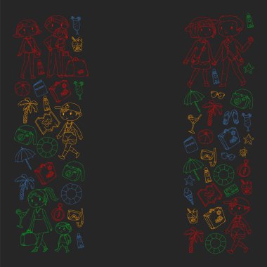 Seyahat ve plaj simgeleri ile Vektör desen. Küçük çocuklu ebeveynler. Çocuklar yaz tatili.