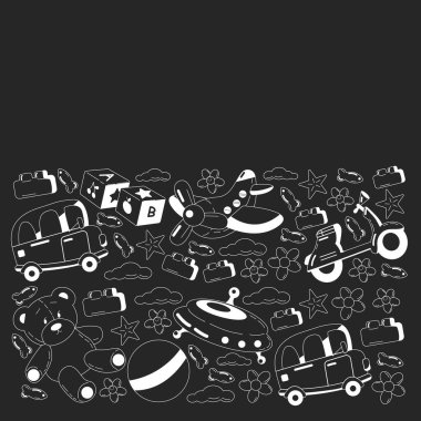 Oyuncaklarla anaokulu vektör deseni. Çocuklar birlikte oynar ve büyür..