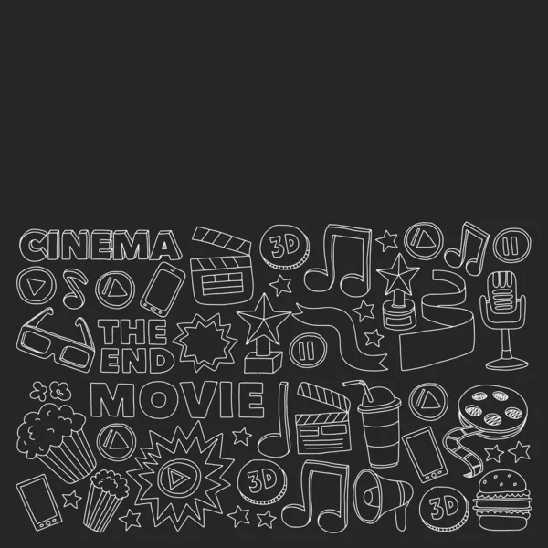 Iconos vectoriales de cine. Fondo con palomitas de maíz, ilustración de películas, notas musicales . — Vector de stock